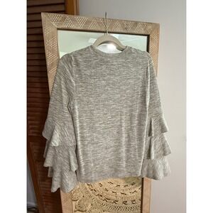 Grey Tiered Ruffle Bell Sleeve Knit Sweater Crew Neck Pullover Top